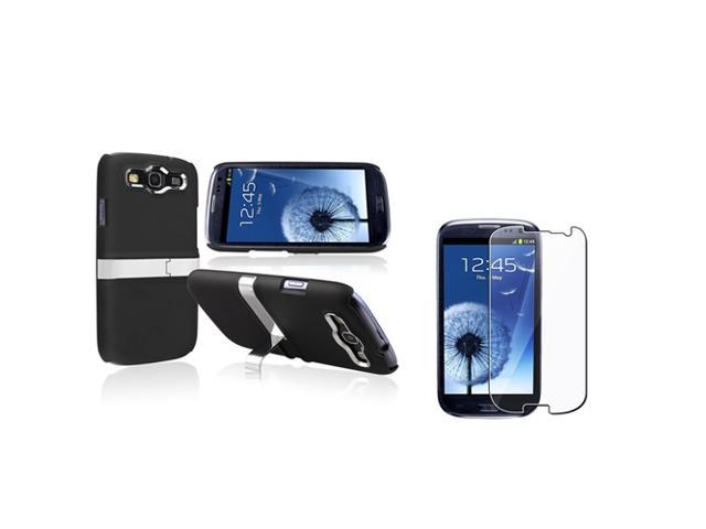 Insten Black/ Silver Snap-on Rubber Coated Case with Stand + Reusable Screen Protector compatible with Samsung Galaxy SIII / S3