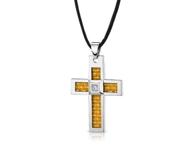 Stainless Steel Large Cross Pendant with Yellow-White Carbon Fiber inlay on adjustable Black cord
