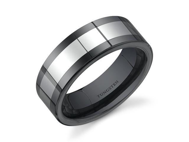 Flat Edge 8 mm Comfort Fit Mens Black Ceramic and Tungsten Combination Wedding Band Ring Size 13