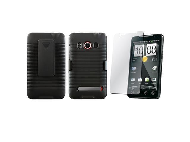 Rubberized Hard Case Swivel Holster with Stand+LCD compatible with HTC SPRINT EVO 4G Black
