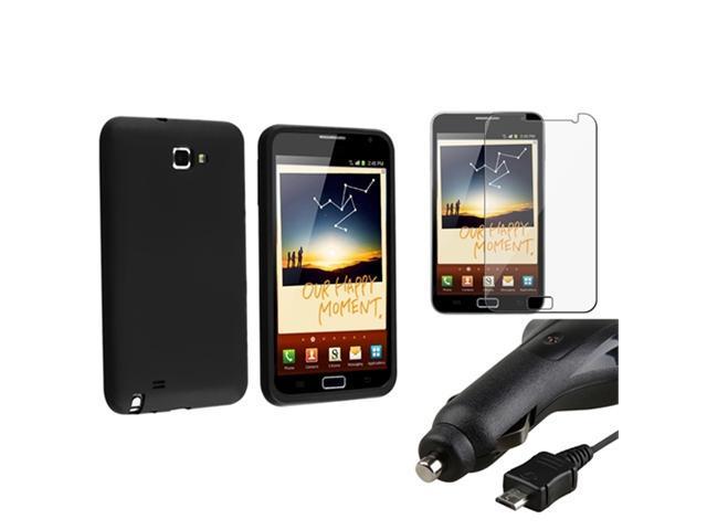 Black Silicone Case+LCD Film+Retract Car Charger compatible with Samsung© Galaxy Note N7000