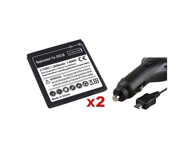 DC Car Charger+2x 2000mAh Battery compatible with HTC EVO 3D Sprint
