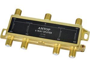ANTOP Coaxial Splitter 6 Way 2GHz- 5-2050MHz - Low-loss RF Splitter for TV and Satellite - 18K Gold-plated chassis - All Port DC Power Passing ANTOP Coaxial Splitter 6 Way 2GHz- 5-2050MHz - Low-loss RF Splitter for TV and Satellite - 18K Gold-plated chassis - All Port DC Power Passing