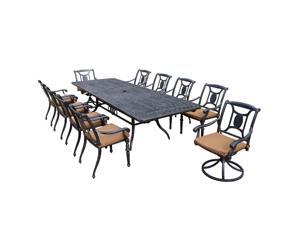 11-Piece Aged Black Finish Aluminum Outdoor Furniture Patio Dining Set - Tan Cushions 11-Piece Aged Black Finish Aluminum Outdoor Furniture Patio Dining Set - Tan Cushions
