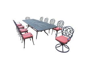 11-Piece Aged Black Finish Aluminum Outdoor Furniture Patio Dining Set - Red Cushions 11-Piece Aged Black Finish Aluminum Outdoor Furniture Patio Dining Set - Red Cushions