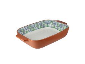 14" French Countryside Decorative Blue Flower and Green Cross Rectangular Terracotta Oven Dish 14" French Countryside Decorative Blue Flower and Green Cross Rectangular Terracotta Oven Dish