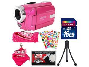 Vivitar DVR-508 HD Digital Video Camera Camcorder (Pink) with 16GB Card + Monster Case & Pouch + Puffy Stickers + Tripod + Kit Vivitar DVR-508 HD Digital Video Camera Camcorder (Pink) with 16GB Card + Monster Case & Pouch + Puffy Stickers + Tripod + Kit