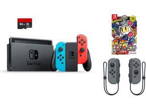 Nintendo Switch Bundle (4 Items): Nintendo Switch 32GB Console Neon Red and Blue Joy-Con, 64GB Micro SD Memory Card, Nintendo Joy-Con (L/R) Wireless Controllers Gray, and Super Bomberman R Game Disc Nintendo Switch Bundle (4 Items): Nintendo Switch 32GB Console Neon Red and Blue Joy-Con, 64GB Micro SD Memory Card, Nintendo Joy-Con (L/R) Wireless Controllers Gray, and Super Bomberman R Game Disc