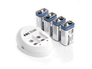 EBL 4 Pack 600mAh 9V Li-ion Rechargeable Batteries with 840 9V Battery Charger EBL 4 Pack 600mAh 9V Li-ion Rechargeable Batteries with 840 9V Battery Charger