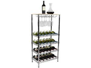 Apollo Hardware Chrome 5-Tier Wire Wine Shelving and Top Wood with Glass Holder 14" x 2 4" x 48" Apollo Hardware Chrome 5-Tier Wire Wine Shelving and Top Wood with Glass Holder 14" x 2 4" x 48"