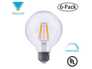 TriGLow T98839-6 (6-Pack) LED 4 Watt (60W Equivalent) Clear Glass G40 Globe Bulb, DIMMABLE 2700K (Warm White), 500 Lumens, E26 Base LED Light Bulb TriGLow T98839-6 (6-Pack) LED 4 Watt (60W Equivalent) Clear Glass G40 Globe Bulb, DIMMABLE 2700K (Warm White), 500 Lumens, E26 Base LED Light Bulb