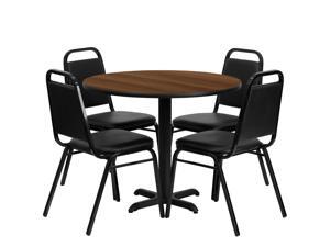 36'' Round Walnut Laminate Table Set with X-Base and 4 Black Trapezoidal Back Banquet Chairs 36'' Round Walnut Laminate Table Set with X-Base and 4 Black Trapezoidal Back Banquet Chairs