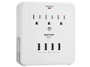 BESTTEN Multi Outlet Wall Mount Tap Adapter Surge Protector with 4 USB Charging Ports, 3 Electrical Outlet Extenders and 2 Slide Out Phone Holders, 15A/125V/1875W, White BESTTEN Multi Outlet Wall Mount Tap Adapter Surge Protector with 4 USB Charging Ports, 3 Electrical Outlet Extenders and 2 Slide Out Phone Holders, 15A/125V/1875W, White