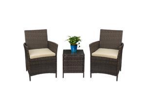 Devoko Patio Porch Furniture Set 3 Piece PE Rattan Wicker Chairs Beige Cushion With Table Outdoor Garden Furniture Sets (Rattan, Brown) Devoko Patio Porch Furniture Set 3 Piece PE Rattan Wicker Chairs Beige Cushion With Table Outdoor Garden Furniture Sets (Rattan, Brown)