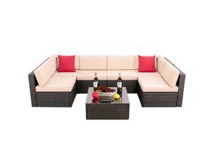 Devoko 7 Pieces Outdoor Sectional Sofa All-Weather Patio Furniture Sets Manual Weaving Wicker Rattan Patio Conversation Sets with Cushion and Glass Table (Brown) Devoko 7 Pieces Outdoor Sectional Sofa All-Weather Patio Furniture Sets Manual Weaving Wicker Rattan Patio Conversation Sets with Cushion and Glass Table (Brown)