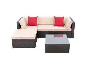 Devoko 5 Pieces Patio Furniture Sets All-Weather Outdoor Sectional Sofa Manual Weaving Wicker Rattan Patio Conversation Set with Cushion and Glass Table (Red Pillow) Devoko 5 Pieces Patio Furniture Sets All-Weather Outdoor Sectional Sofa Manual Weaving Wicker Rattan Patio Conversation Set with Cushion and Glass Table (Red Pillow)