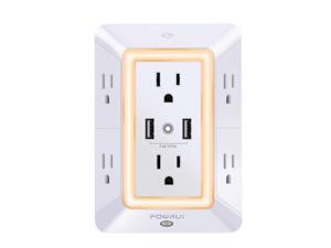 POWRUI 6-Outlet Surge Protector with 2 USB Charging Ports (Total 2.4A) and Smart Sensor Night Light - 3-Sided Power Strip USB Wall Charger Outlet Extender - 1680 Joules - White, ETL Certified POWRUI 6-Outlet Surge Protector with 2 USB Charging Ports (Total 2.4A) and Smart Sensor Night Light - 3-Sided Power Strip USB Wall Charger Outlet Extender - 1680 Joules - White, ETL Certified