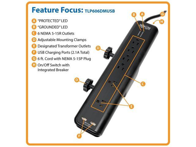 Tripp Lite TLP606DMUSB Protect It 6 Outlet Clamp Mount Surge