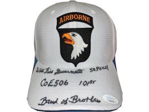 Wild Bill Guarnere signed WWII Band of Brothers Easy Company 506th 101st Airborne Logo White Cap/Hat So Philly- 5 insc's -JSA Wild Bill Guarnere signed WWII Band of Brothers Easy Company 506th 101st Airborne Logo White Cap/Hat So Philly- 5 insc's -JSA