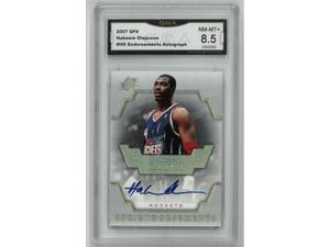Hakeem Olajuwon signed Houston Rockets 2007 SPX Upper Deck Endorsements Basketball Card #E-HO- GMA Graded 8.5 NM-MT+ Hakeem Olajuwon signed Houston Rockets 2007 SPX Upper Deck Endorsements Basketball Card #E-HO- GMA Graded 8.5 NM-MT+