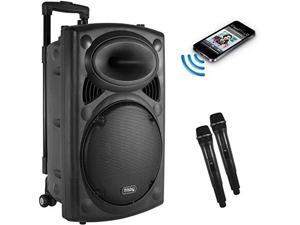 frisby fs4050p portable rechargeable bluetooth karaoke party machine pa speaker system w/ telescoping handle & wheels & 2 wireless microphones echo & am/fm radio & usb & sd slots frisby fs4050p portable rechargeable bluetooth karaoke party machine pa speaker system w/ telescoping handle & wheels & 2 wireless microphones echo & am/fm radio & usb & sd slots