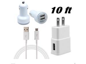 Micro USB Data Sync Cable + Home Wall Plug Adapter + 2.1A Dual Port Car Charger (10 ft) Micro USB Data Sync Cable + Home Wall Plug Adapter + 2.1A Dual Port Car Charger (10 ft)