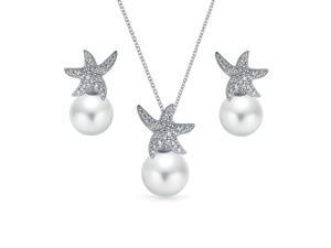 Nautical Bride CZ Beach Wedding Starfish Pendant Earring Jewelry Set For Women 925 Sterling Silver Simulated Pearl 8MM Nautical Bride CZ Beach Wedding Starfish Pendant Earring Jewelry Set For Women 925 Sterling Silver Simulated Pearl 8MM
