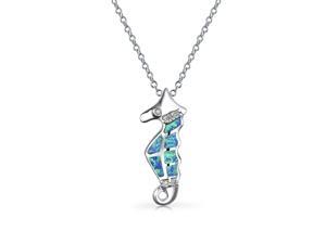 Blue Inlay Created Opal Nautical Beach Seahorse Pendant Necklace For Women 925 Sterling Silver With Chain Blue Inlay Created Opal Nautical Beach Seahorse Pendant Necklace For Women 925 Sterling Silver With Chain