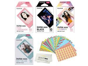 Fuji Instax Films For Fujifilm Instax Mini Series Cameras 4 Assorted Designed Films+40 Stickers for films. 10 Films of each. Pink Lemonade, Black, Macaron And Sky blue.+ Quality Photo Microfiber Cloth Fuji Instax Films For Fujifilm Instax Mini Series Cameras 4 Assorted Designed Films+40 Stickers for films. 10 Films of each. Pink Lemonade, Black, Macaron And Sky blue.+ Quality Photo Microfiber Cloth