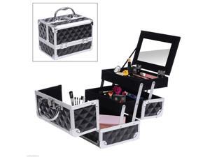 HomCom 3 Tier Diamond Texture Makeup Train Case Cosmetic Organizer with Mirror, Black HomCom 3 Tier Diamond Texture Makeup Train Case Cosmetic Organizer with Mirror, Black
