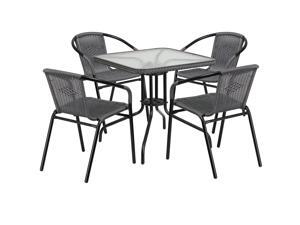 28'' Square Glass Metal Table with Gray Rattan Edging and 4 Gray Rattan Stack Chairs 28'' Square Glass Metal Table with Gray Rattan Edging and 4 Gray Rattan Stack Chairs