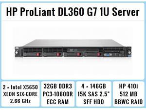 HP ProLiant DL360 G7 1U RackMount 64-bit Server with 2xSix-Core X5650 Xeon 2.66GHz CPUs + 32GB PC3-10600R RAM + 4x146GB 15K SAS SFF HDD, P410i RAID, DVD-ROM, 4xGigaBit NIC, 2xPower Supplies, NO OS HP ProLiant DL360 G7 1U RackMount 64-bit Server with 2xSix-Core X5650 Xeon 2.66GHz CPUs + 32GB PC3-10600R RAM + 4x146GB 15K SAS SFF HDD, P410i RAID, DVD-ROM, 4xGigaBit NIC, 2xPower Supplies, NO OS