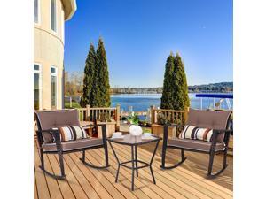 3 PC Patio Rattan Wicker Furniture Set Rocking Chair Coffee Table Cushions 3 PC Patio Rattan Wicker Furniture Set Rocking Chair Coffee Table Cushions