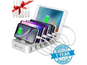 Charging Station for Multiple Devices - 6 Smart Charging Ports Docking Organizer - Compatible with iPhone iPad and Android Cell Phone and Tablet (6 Short Cables Included) (White) Charging Station for Multiple Devices - 6 Smart Charging Ports Docking Organizer - Compatible with iPhone iPad and Android Cell Phone and Tablet (6 Short Cables Included) (White)