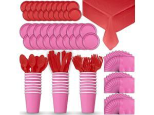 Paper Tableware Set for 24 - Hot Pink & Red - Dinner and Dessert Plates, Cups, Paper Tableware Set for 24 - Hot Pink & Red - Dinner and Dessert Plates, Cups,