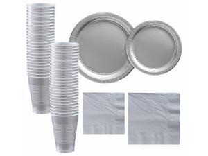 Silver Paper Tableware Supplies for 50 Guests Plates Napkins Cups Silver Paper Tableware Supplies for 50 Guests Plates Napkins Cups