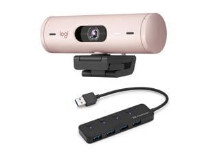 Logitech Brio 500 1080p Full HD Webcam Webcam (Rose) Bundle with 4-Port USB Hub