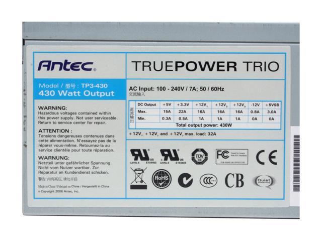Antec True Power Trio TP3-430 ATX12V 430W Power Supply with Three 12V Rails 100 - 240 V UL, CUL, FCC, TUV, CE, C-tick, CCC, ...