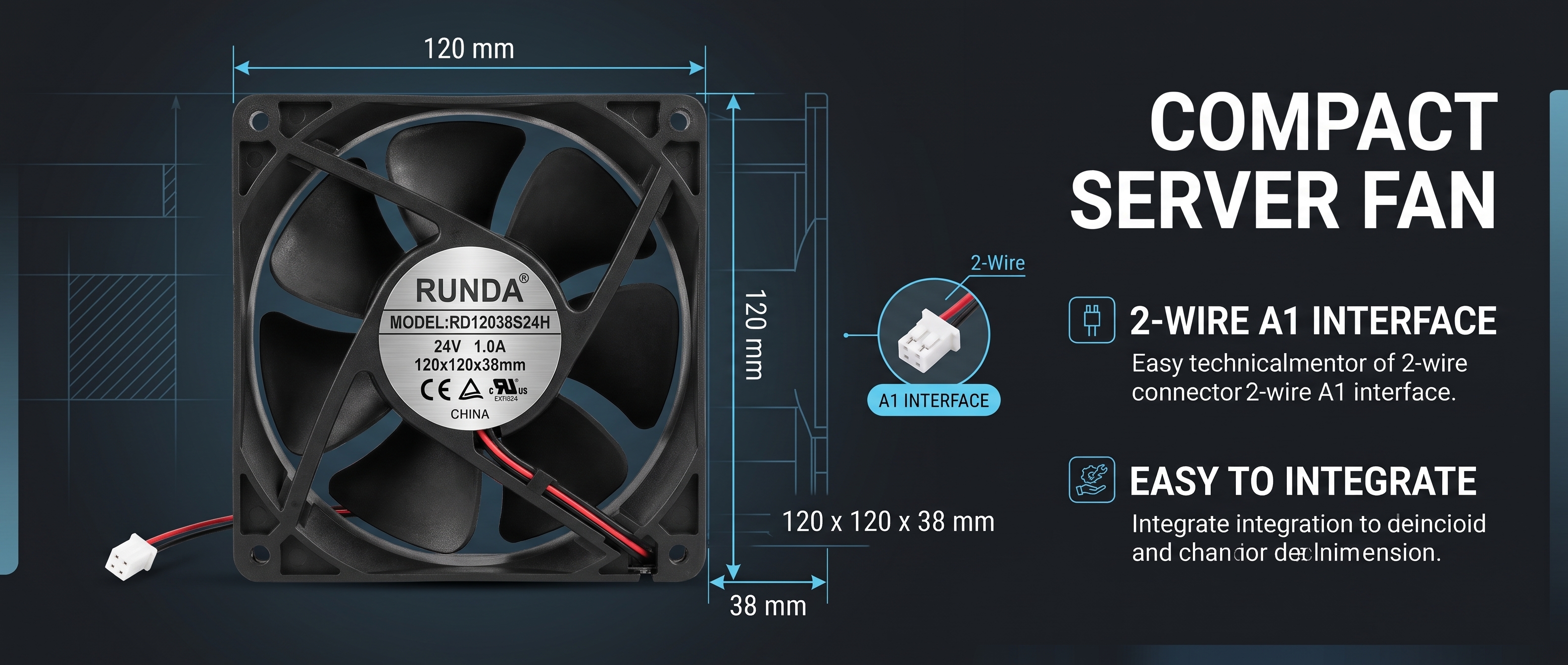 New for RUNDA RD12038S24H DC 24V 0.36A 120 * 120 * 38mm 2-Wire Server Square Fan 2