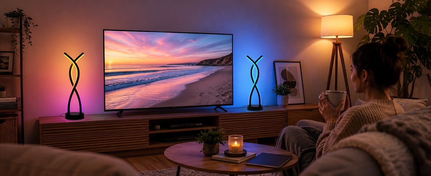 smart ambient lighting for living room, cozy home entertainment setup