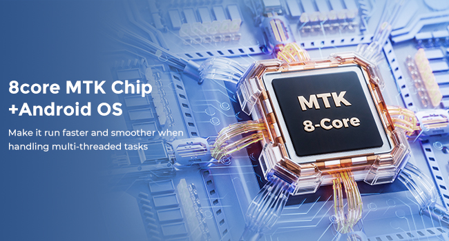 Close-up of an 8-core MTK chip on a circuit board. Text overlay highlights Android OS compatibility and multi-threaded task handling capabilities.