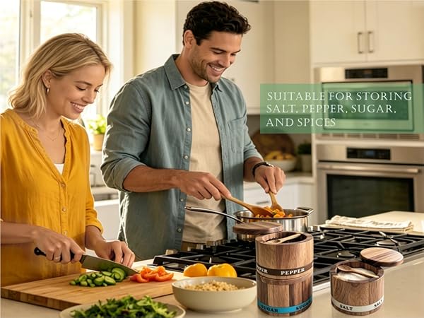 ThougrLyh Acacia Wood Salt Cellar with Swivel Lid and Built-in Spoon for Countertop Spice Storage
