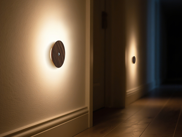 Solid wood night light with gentle backlight for hallway, turns on with motion detection.