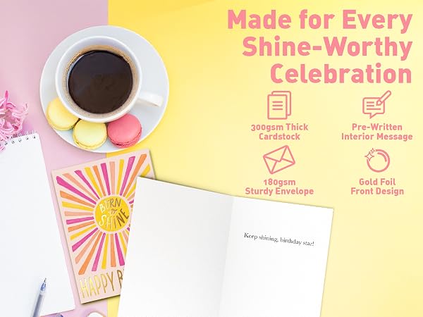 birthday card infographic with gold foil, envelope, and prewritten message