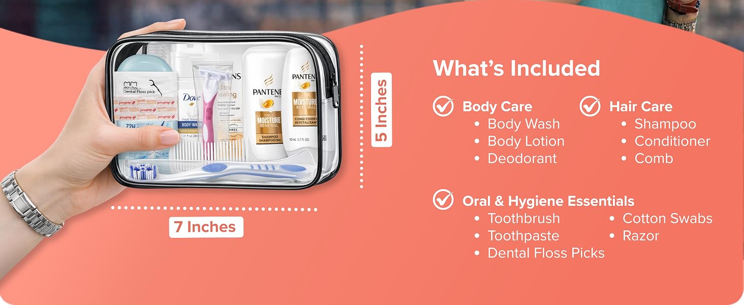 Hand holding 7x5 inch travel hygiene kit with body, hair, and oral care essentials.