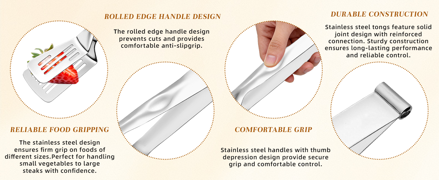 Close-up details of the rolled edge handle, stainless steel joint, and ergonomic thumb grip.