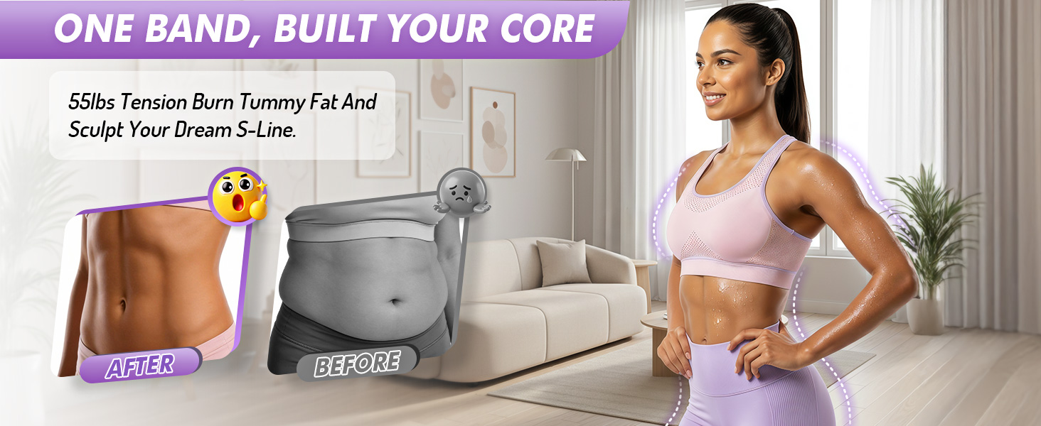 Women show toned waistlines in a home, with workouts and resistance bands.