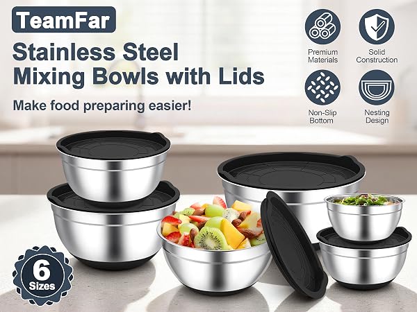 Mixing bowls are made of pure stainless steel without toxic chemical coating, Healthy for daily use