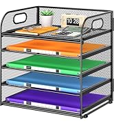 Cawukege 5 Tier Paper Organizer with Handle, Metal Mesh Desk Organizer File Folder Organizer Pape...