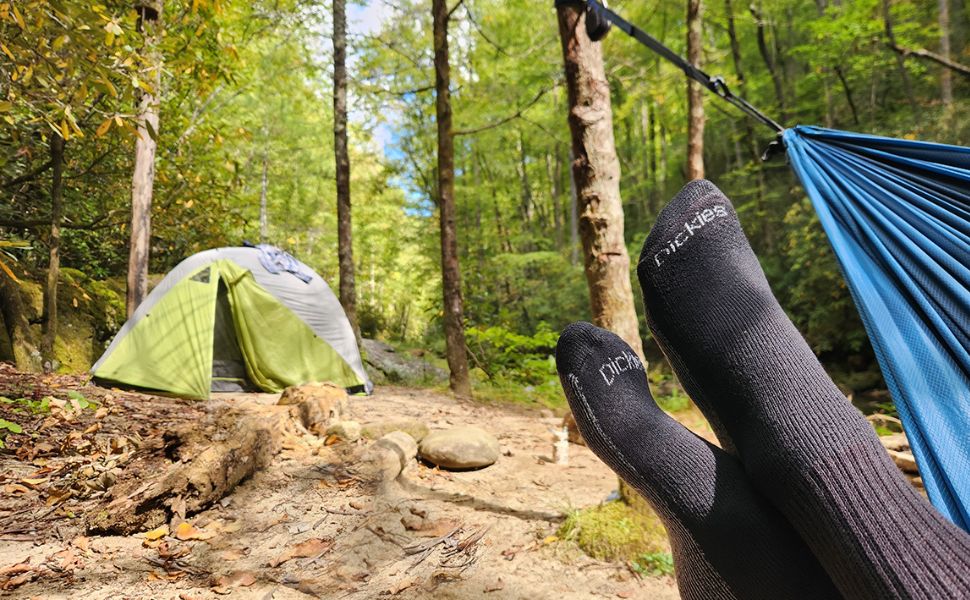 Person camping in forest in hammock with dickies dri-tech crew socks and a tent in the background